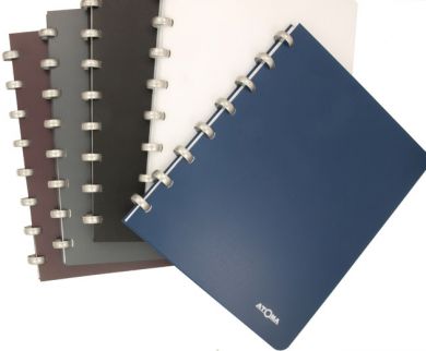 Disc-bound notebooks with opaque covers and aluminium discs filled with white paper.