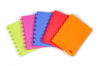 Techno Style notebooks with bright translucent covers, matching discs and white 90gsm paper