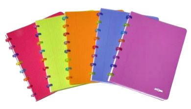 Disc-bound notebooks with bright translucent covers with multi-coloured discs